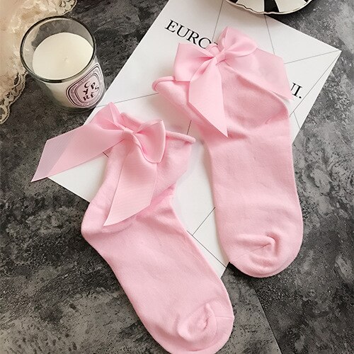 Winter Autumn Spring Sweet Curl Cotton After The Heel Ribbon Big Bow Short Socks Wild Chaussette Female Herring Ankle Socks: Bow Socks Pink