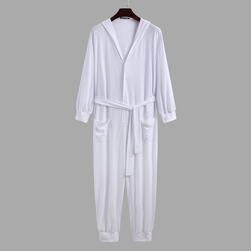 Loose Pockets Homewear INCERUN Leisure Solid Jumpsuits Sleepwear Men Long Sleeve Buttons Hooded Drawstring Rompers Nightgown 5XL: White / XXL