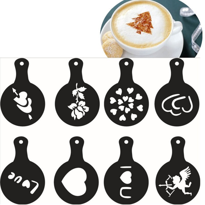 8 Stks/set Koffie Stencils Fancy Koffie Afdrukken Model Schuim Spuiten Taart Stencils Koffie Tekening Cappuccino Mold Cake Decoratie