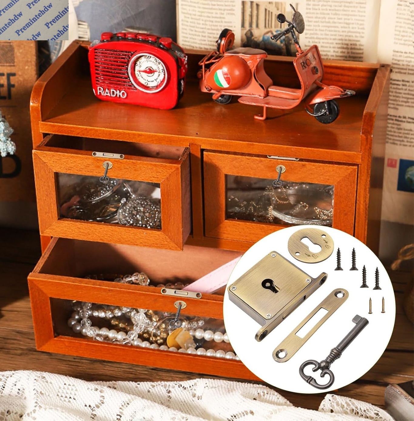 1Pc Vintage Brass Cabinet Drawer Lock With Hades Key