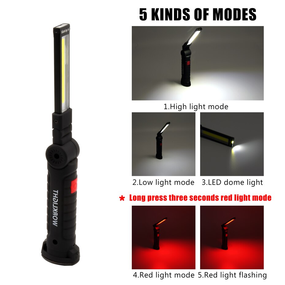 USB Rechargeable Battery Multi Function Folding Work Light COB LED Camping Torch Red Flashlight Magnet hook Up Portable lantern