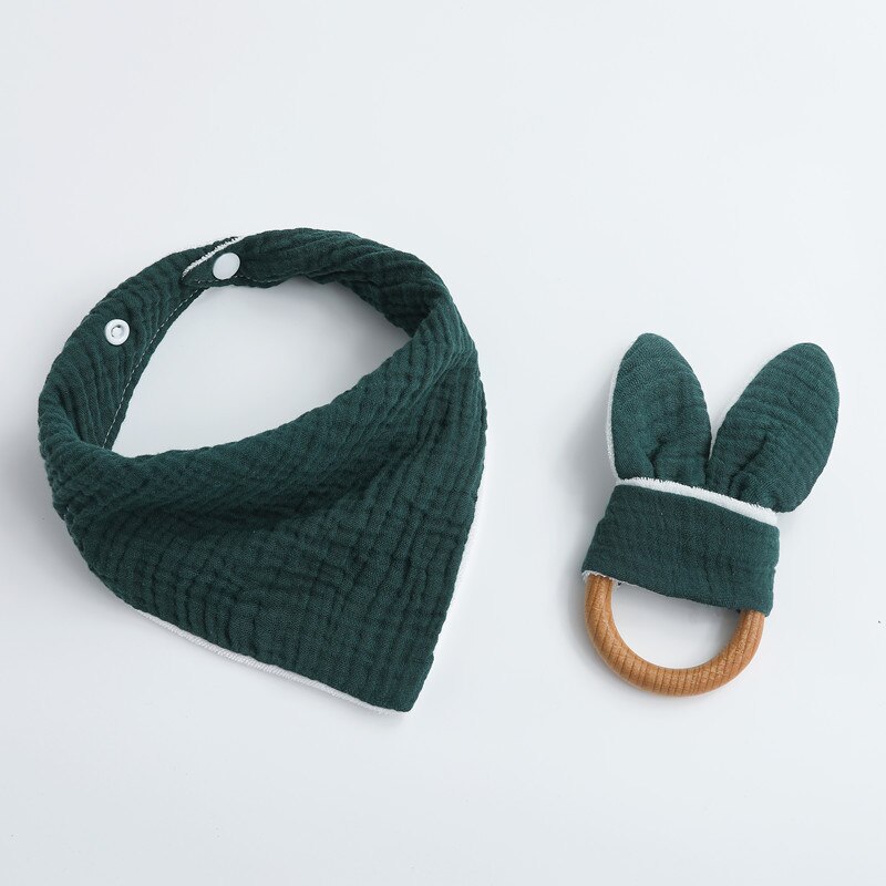 2 Stks/set Baby Jongen Meisje Driehoekige Sjaal Speeksel Tissue Molars Ring Houten Bijtring Set Katoenen Mousseline Slabbetjes Effen Kleur Burp doek: green black