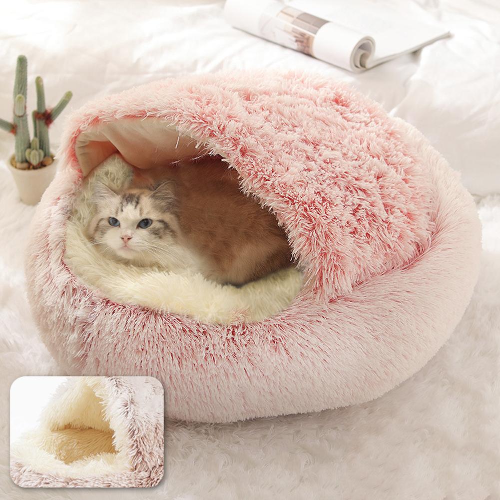 2 In 1 Round Cat Bed Cat Plush Cat Warm Bed House Soft Long Plush Bed For Small Dogs Cats Nest Cat Bed Sleeping Sofa