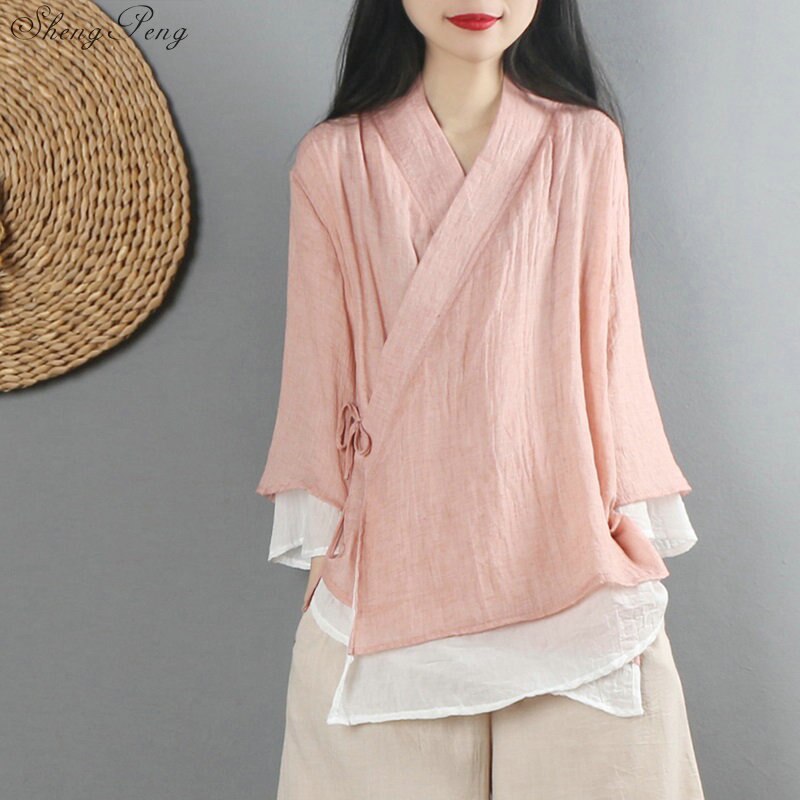 Nueva camisa de lino para mujer, top de estilo chino tradicional, blusas de lino de color sólido, ropa oriental V1475: 3