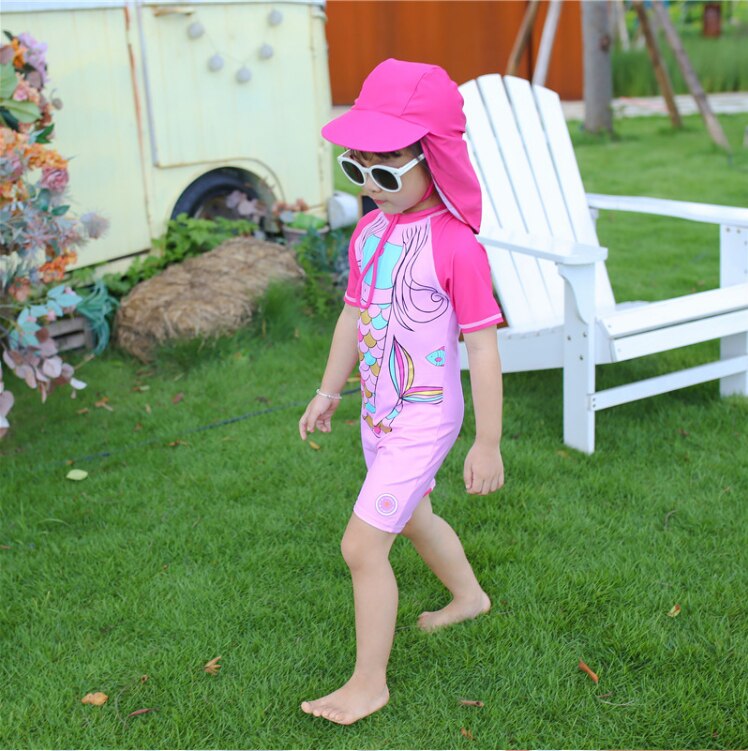 Girls Swimsuits Pink Beautiful Meimaid Swimsuit For 1-10years One-piece Litttle Girls With Hat Lovely Sun Protection