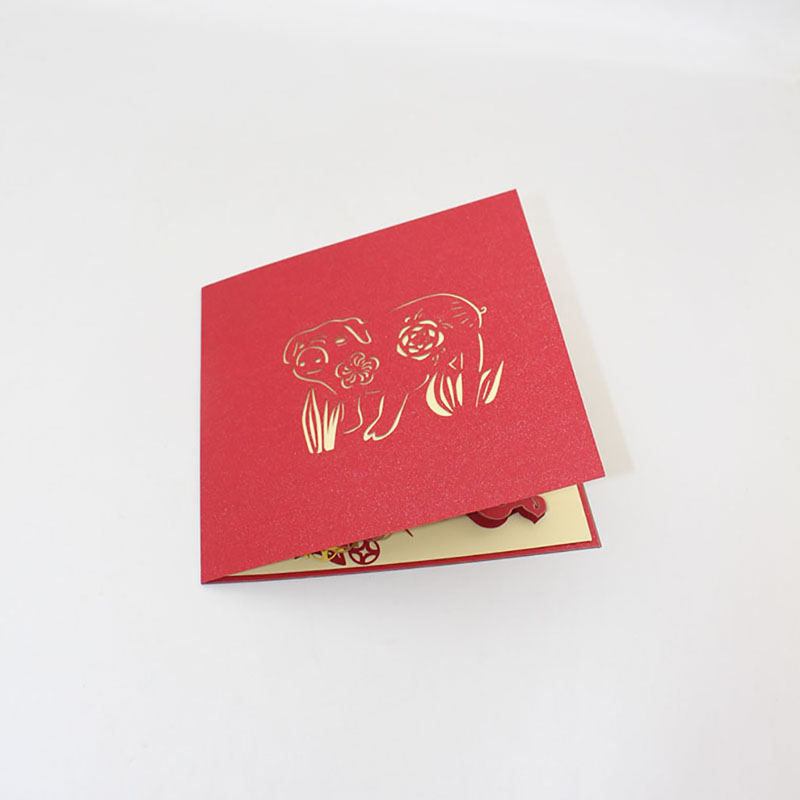 Gelukkig Nieuwjaar 3D Stereoscopische Hollow Rode Dubbele Pig Festival Zegen Verjaardag Wenskaarten Met Envelop Business Postkaart