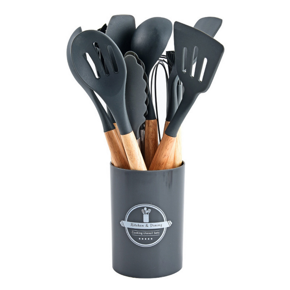 12 Stuks Siliconen Keukengerei Non-stick Kookgerei Keukengerei Set Spatel Schop Eikloppers Houten Handvat Koken Tool set: Grey