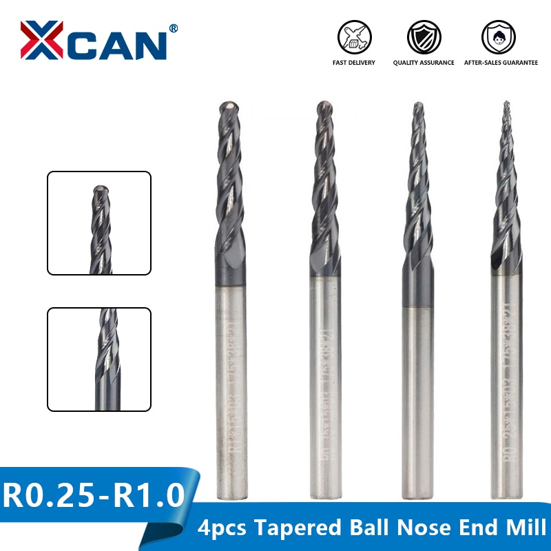 XCAN Tapered Ball Nose End Mill 4pcs R0.25 R0.5 R0.75 R1.0 Carbide End Mill Set CNC Engraving Bit