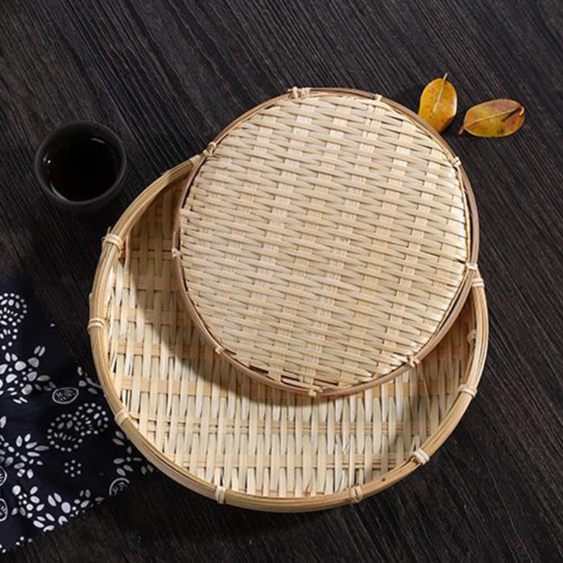 Cesta tejida de bambú, bandeja plana de mimbre redonda, cesta de frutas tejida, almacenamiento de alimentos, bandeja poco profunda, bandeja decorativa para servir para el hogar y la cocina
