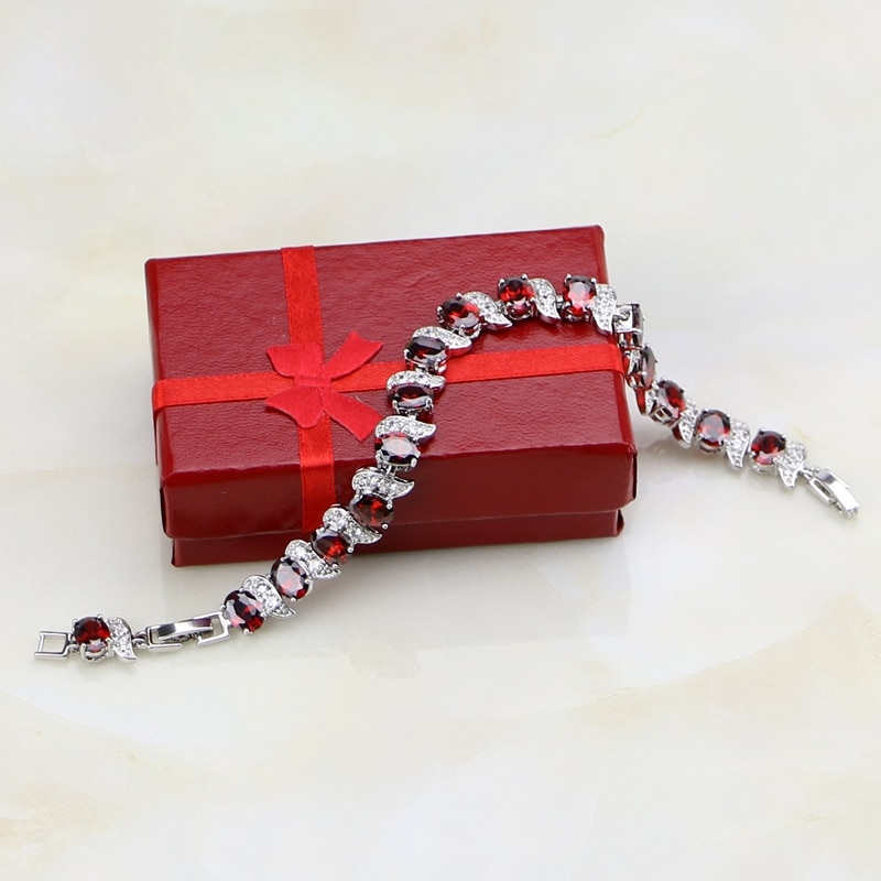 Klassieke Rode Granaat Wit Zirconia Charm 925 Sterling Zilveren Ketting Link Armband Voor Vrouwen Gratis Box