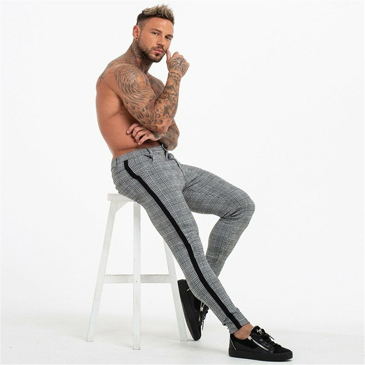 Mens Slim Fit Trousers Trainning & Exercise Pants Check Casual Pants Joggers Tartan Jogging Skinny Bottoms