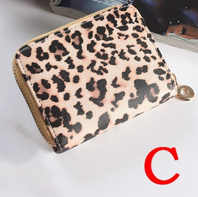 Carteira feminina leopardo curto impressão alça de pulso do plutônio zíper saco de grande capacidade multi-cartão slots saco do telefone móvel caso de cartão: C