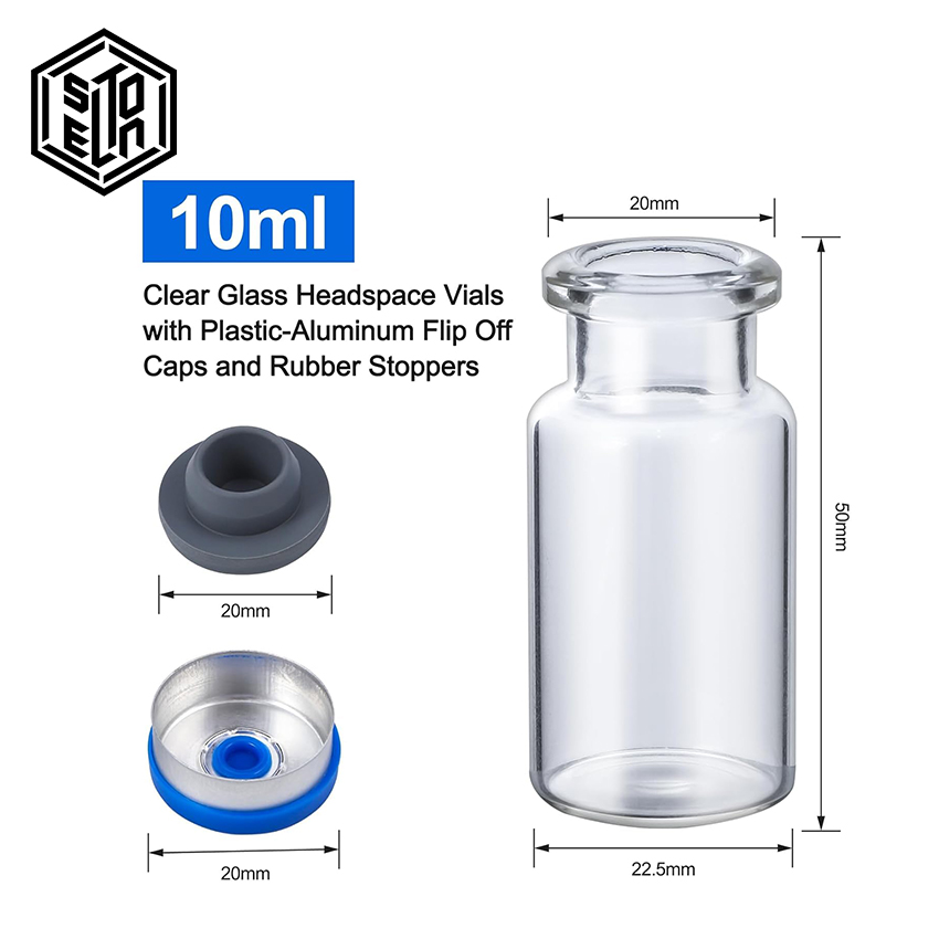 100- pack 10ml injektionsflaskor i genomskinligt glas för injektion, gummipropp och snäpplock för laboratorieprover
