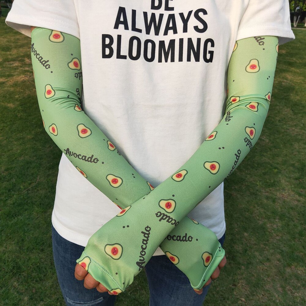 Dames arm mouwen ijs zijde koud fruit bloemen print zonnehandschoenen halve vinger auto armwarmers sport zonnebrandcrème mouw: En