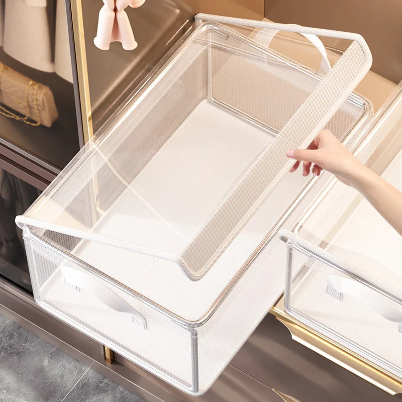 PVC Transparenter Aufbewahrungskorb für Kleidung Unterwäsche Aufbewahrungsbox Edelstahlrahmen Kleiderschrank Organizer Wasserdichte Stoffbox