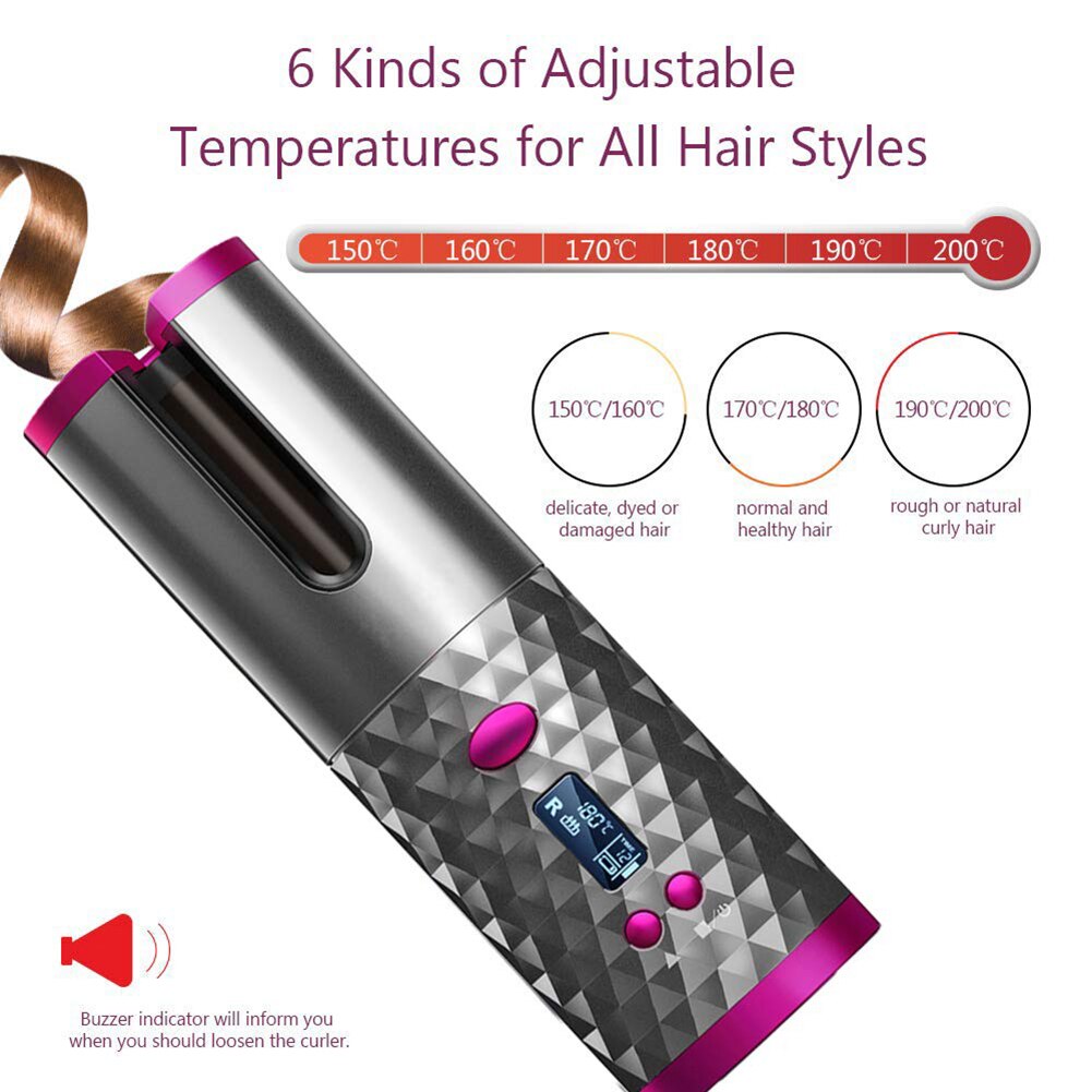 Portable Wireless Automatic Hair Curler Iron Curling Iron USB Rechargeable for LCD Display Ceramic Curler with 1 Comb+2pc Clips