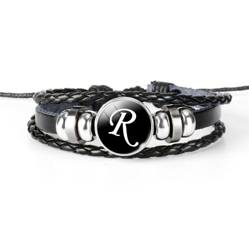 Pulsera de cuero con hebilla de cristal de 26 letras A-Z, nombre de identificación, amistad, pulsera tejida negra ajustable para niños y niñas como familiar
