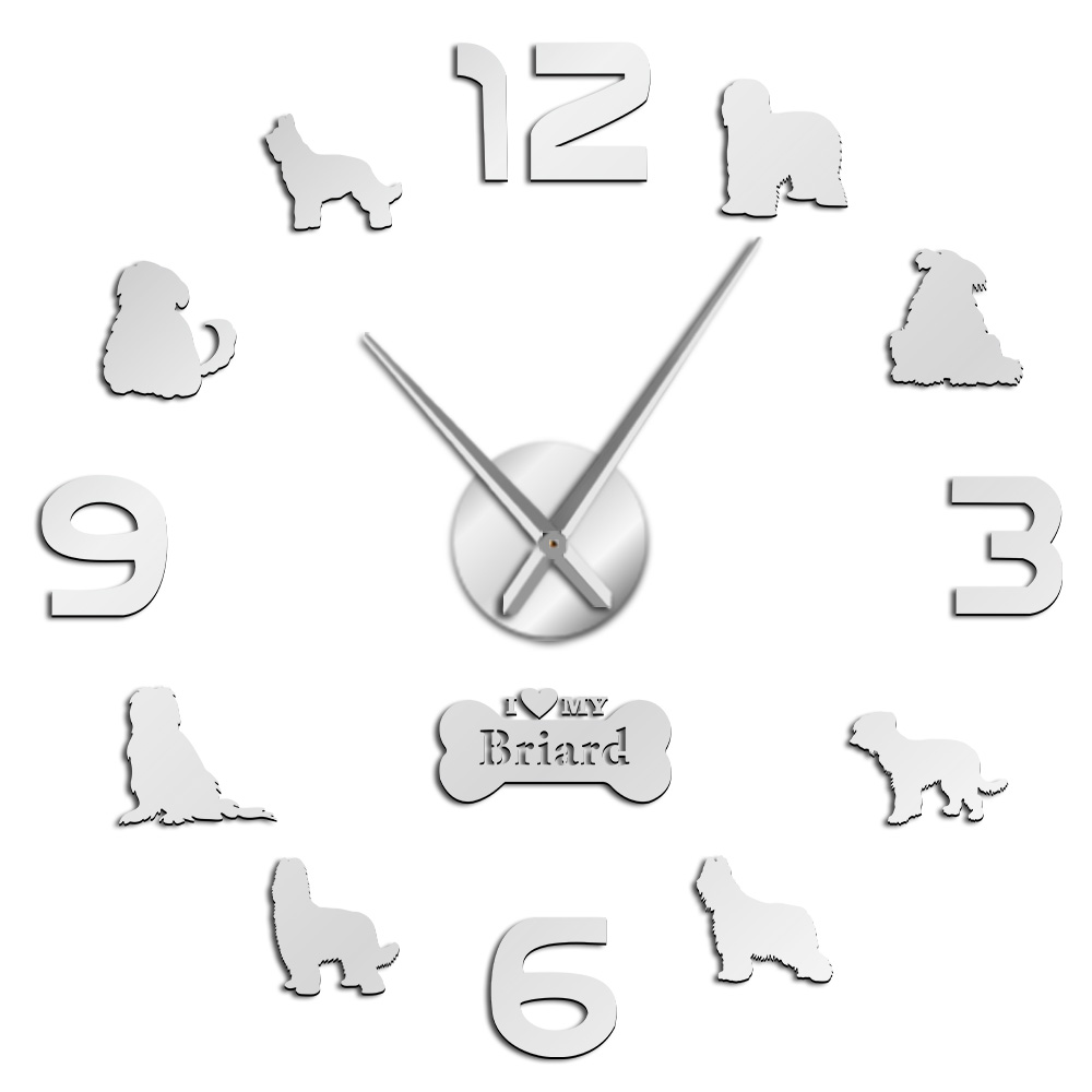 Horloge murale de la race de chien Briard, horloge de grande taille, moderne, autocollants muraux: Silver / 47inch