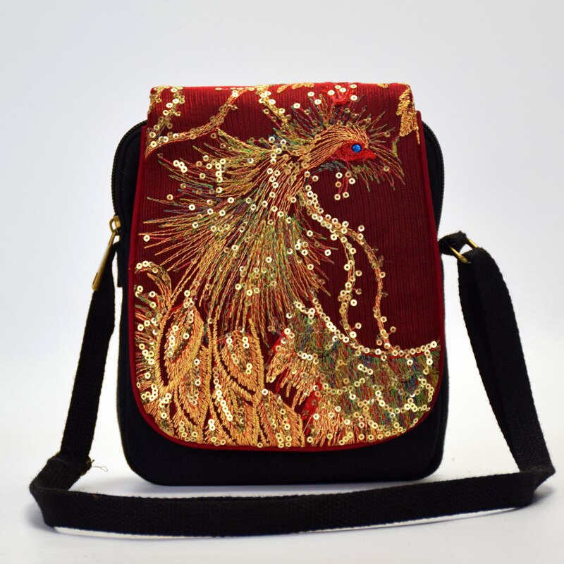 Nationale Stijl Borduurwerk Tas Voor Vrouwen China Geborduurd Canvas Schoudertas Schuin Kleine Tassen Pauw Phoenix Reizen Schoudertas: Red wine