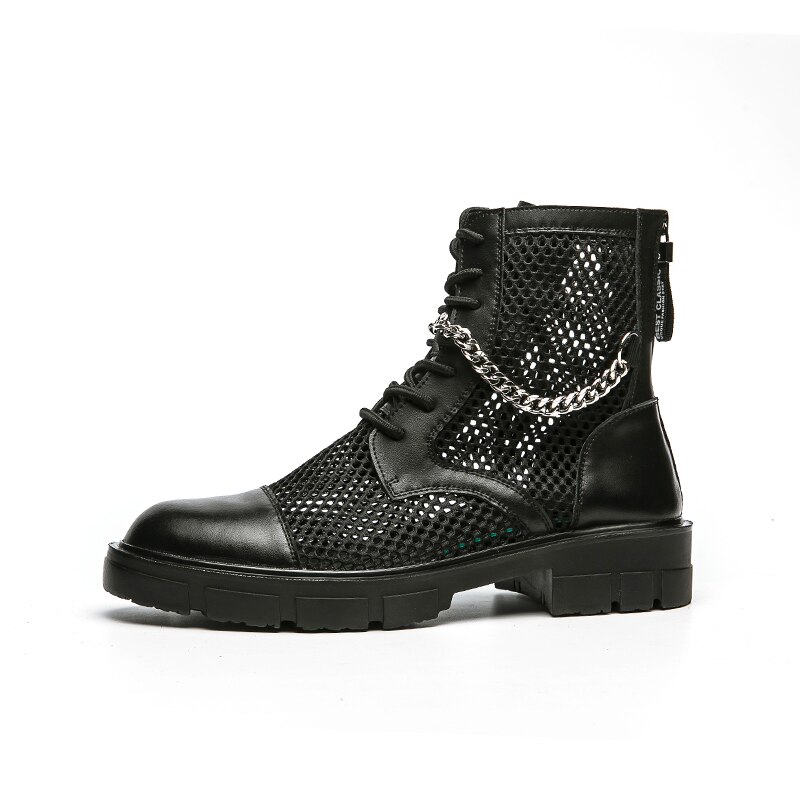 Stivaletti da uomo estivi Punk Rock Mesh catena in pelle stivali a punta tonda stivali da moto da discoteca traspiranti scarpe Casual 46