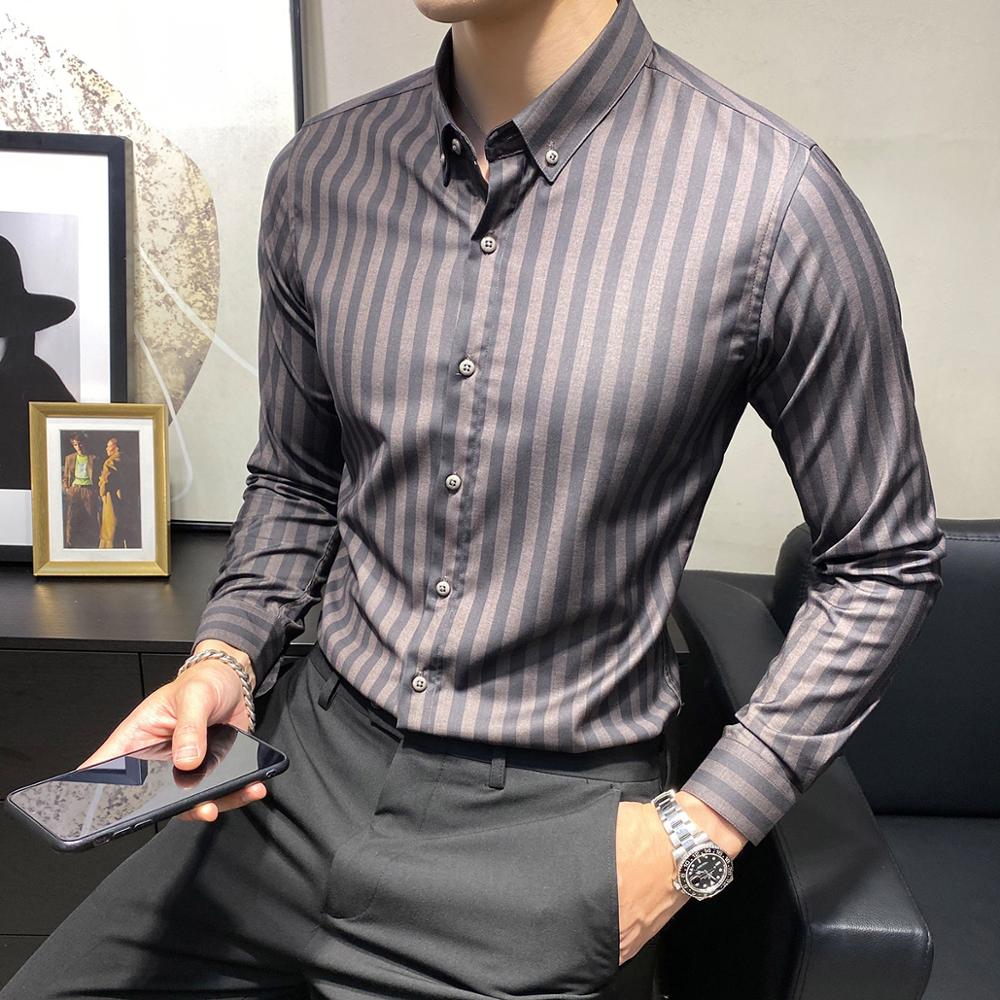 Britse Stijl Koreaanse Slim Fit Lange Mouw Heren Gestreepte Shirts Tuxedo Voor Mannen Kleding Eenvoudige Casual Zaken Blouses
