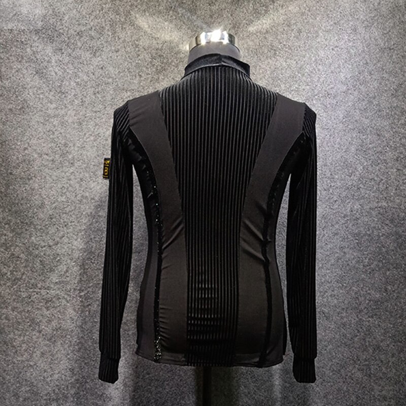 Camisas de baile latino para hombre, de terciopelo negro, mangas largas, ropa de rendimiento para competición, Rumba Cha Samba Tango, ropa masculina DN4826