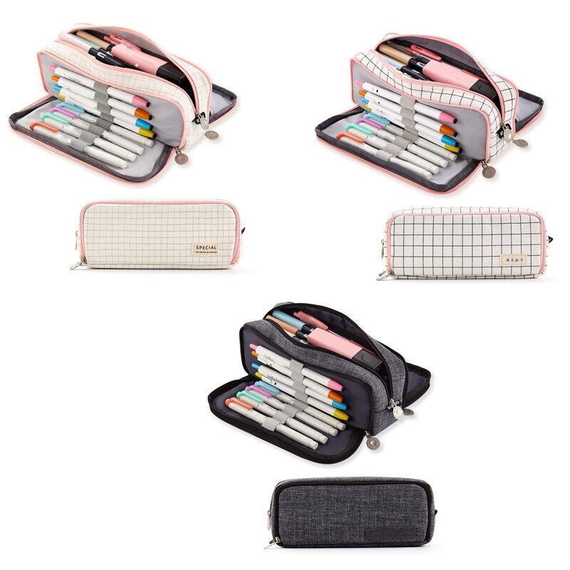 ANGOO Pencil Case Big Capacity 3 Compartments Canvas for Students