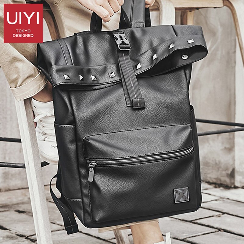 UIYI Men's Backpack PU Leather Korean Outdoor Travel Bag Large Capacity 14-inch Laptop Backpack Waterproof rivet school bag man