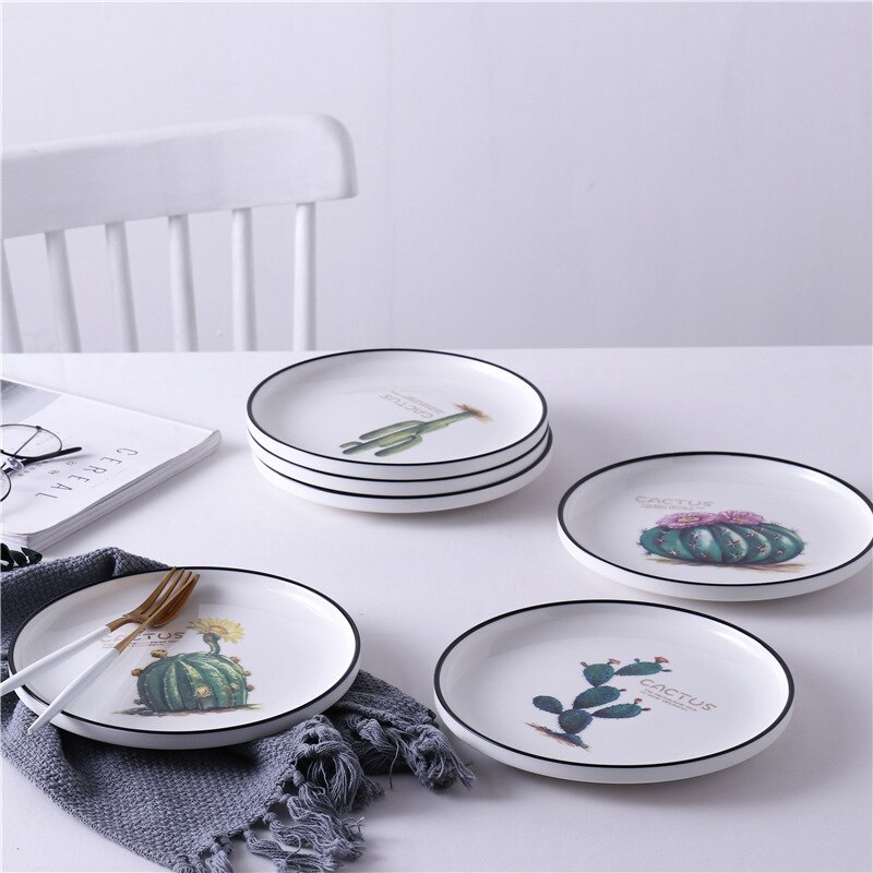 (4pcs) 8 inch Cactus Bone China Plate Tableware Dinner Salad Plates