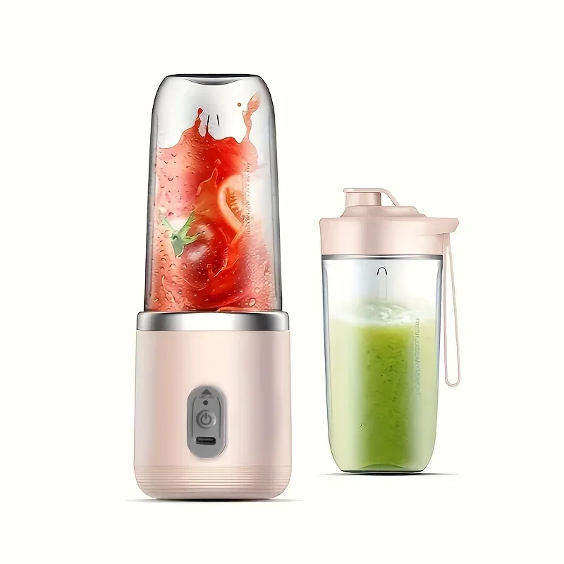 1 tragbarer Entsafter mit zwei Tassen – über USB wiederaufladbar, kompakt und langlebig, inklusive Trageband, perfekt für Smoothies und Frühstück unterwegs.: Rosa