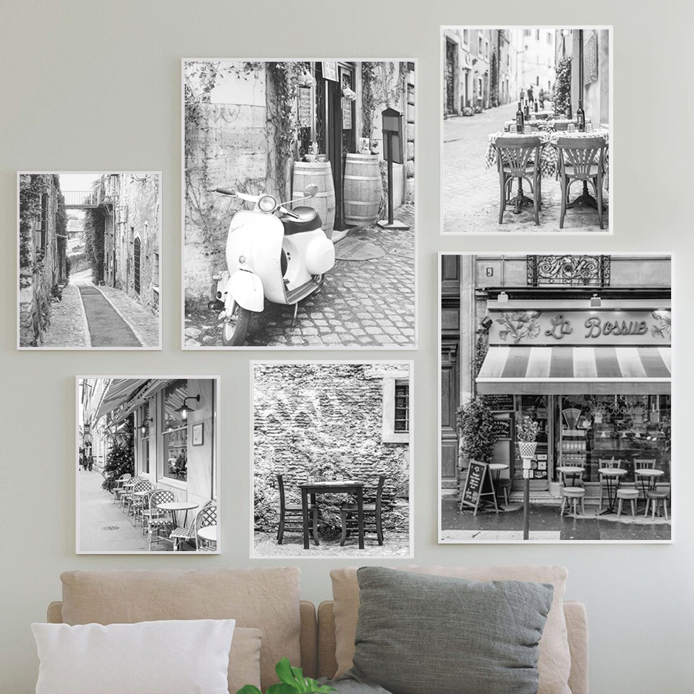 Impresiones de cafetería al aire libre francia parís en blanco y negro, fotografía Vintage, póster, tienda de café por la acera, arte, pintura en lienzo, decoración del hogar