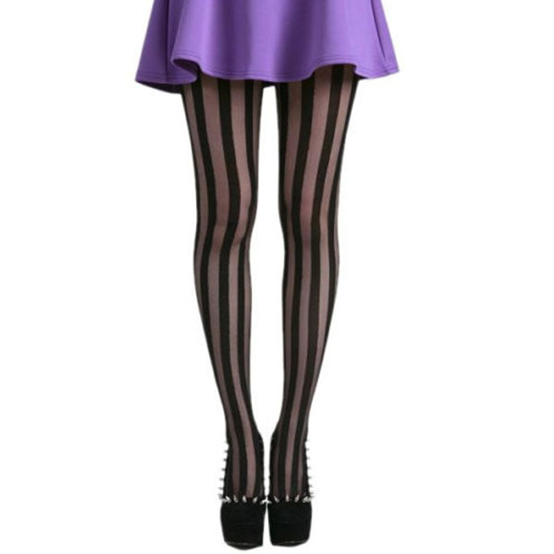 Sexy wide Vertical Stripe Pantyhose for women Girl Gothic Punk slim nylon Stockings Mesh Black Tights