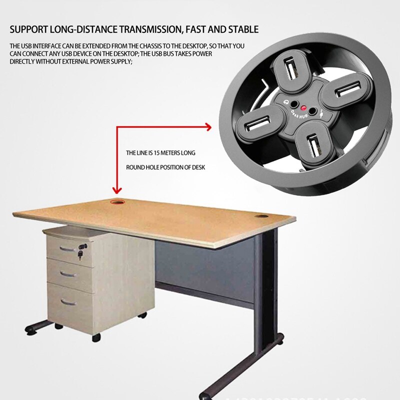 Desktop 4-Port USB2.0 Hub with Headset Microphone Hole Desktop Perforated Splitter Multi-Function Distributor