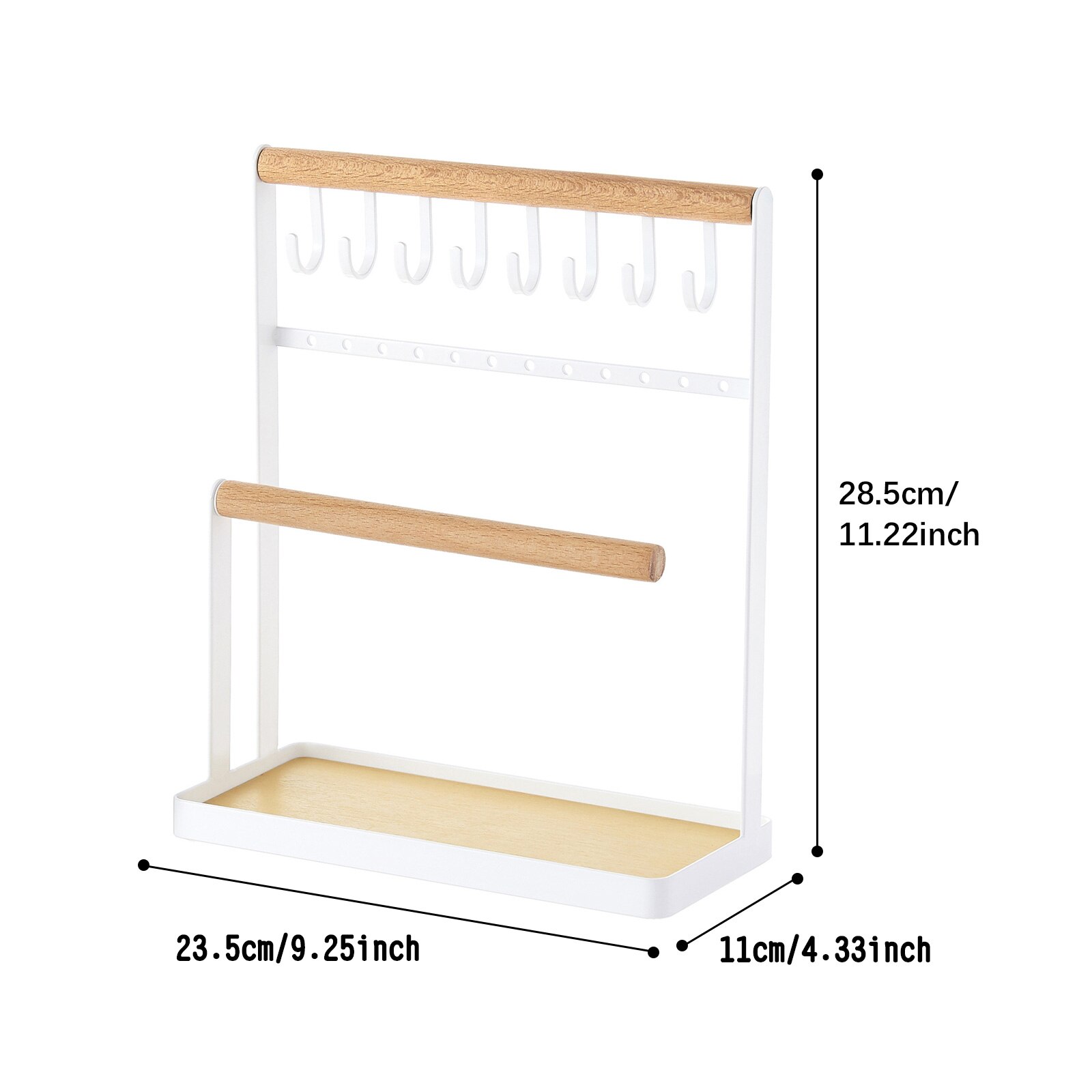 Organizzatore di gioielli supporto per espositore con vassoio per anelli in legno e ganci in metallo per bracciali collane orecchini orologi