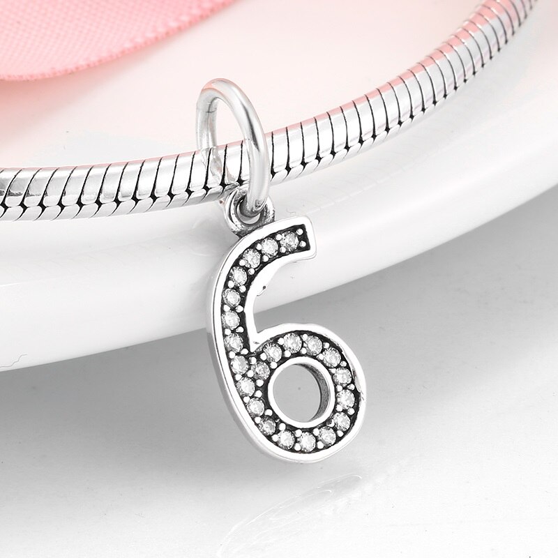 925 sterlingsølv digitalt lykkenummer 0 to 9 charme perler til smykker, der passer til originale armbånd sølvsmykker: Pd0090-6