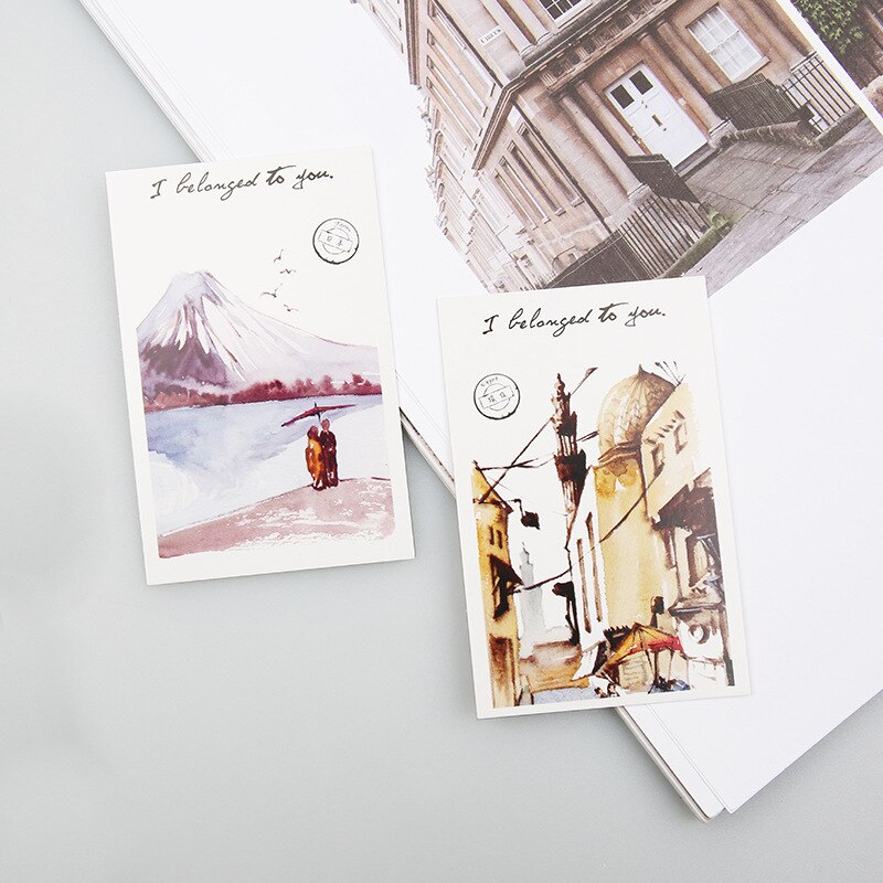 28 folhas/conjunto passando o mundo pintado à mão aquarela cidade lomo cartão postal/cartão de visita/presente de carta de aniversário cartão do cartão