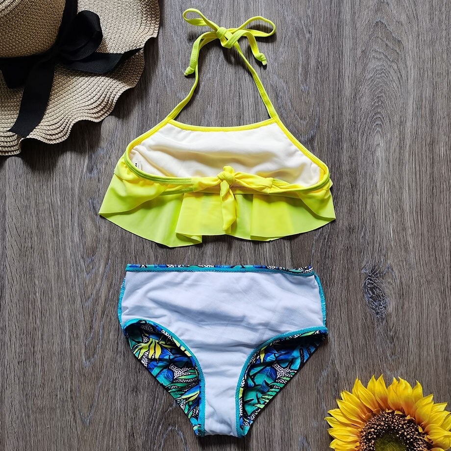 5-10 Years Girl Swimsuit Kids Ruffle Girl Bikini Set Halter Top Two Piece Children's Swimwear Tropical Plant Girls Bathing Suit