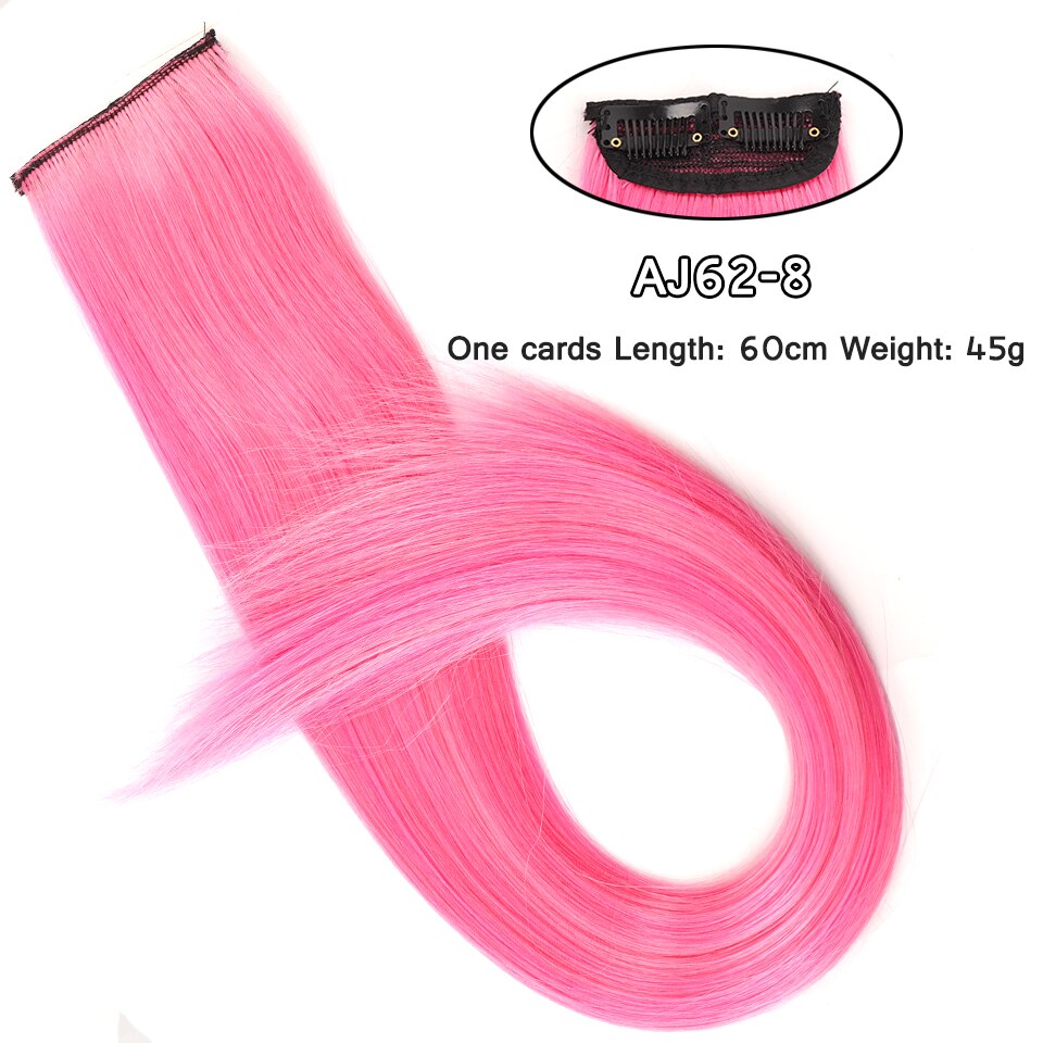 LM Long Straight Rainbow HairPiece Hair Extensions Clip In Hair Streak Pink Synthetic Hair Piece Strands on Clips: AJ62-8