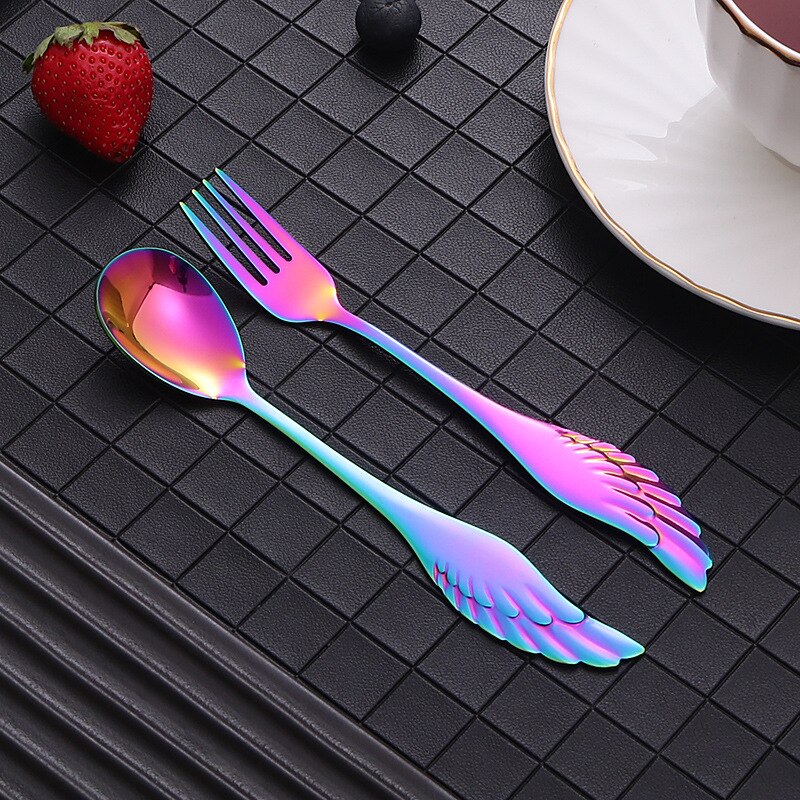 16Cm Creatieve Wings Rvs Lepel Vork Hotel Restaurant Titanium Plated Lepel Vork Bestek Vorken En Lepel Set: rainbow