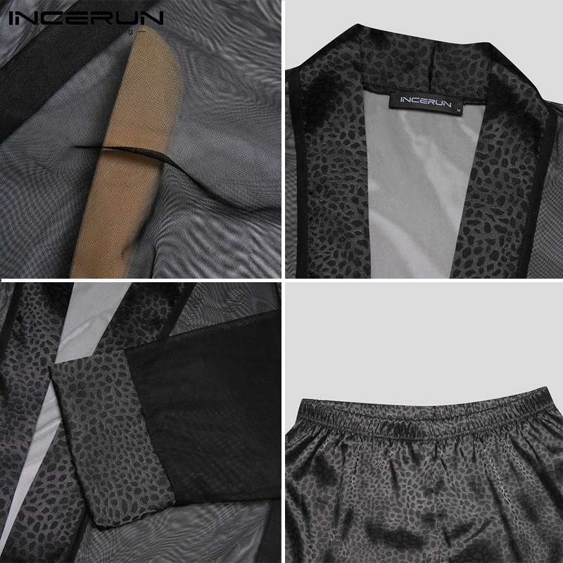 Men Robe Sets Mesh Leopard Patchwork See Through Sexy Open Stitch Bathrobes &amp;amp; Shorts Homewear Men Nightgown Suits INCERUN S-5XL