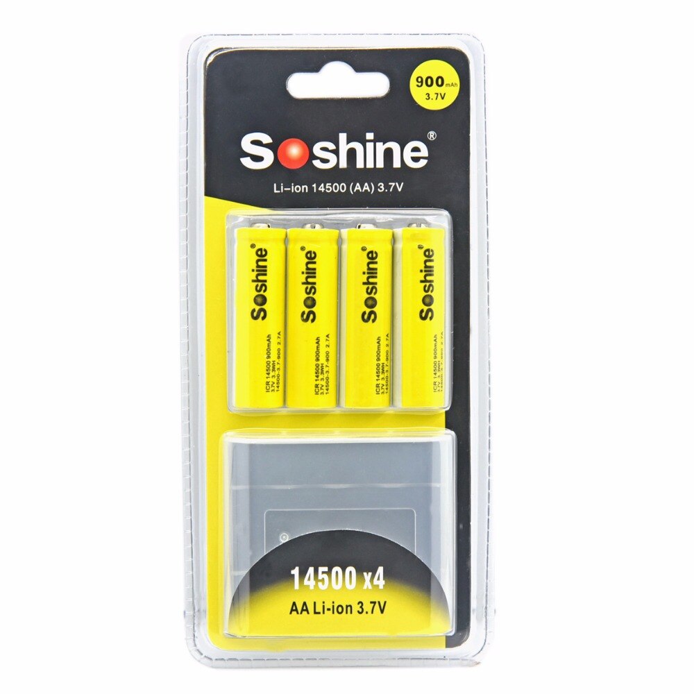 4 unids/pack Soshine ICR 14500 AA Li-Ion de la batería de 3,7 V 900mAh baterías recargables con la caja de la batería: 4pcs battery