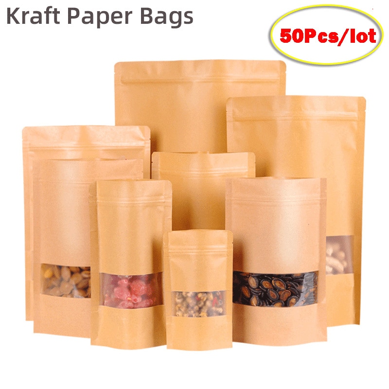 50pcs Kraft Paper Bags Zip Lock Brown With Window Stand Up Resealable Grip Ziplock Pouches Tea Coffee Bean Candy Packaging Food