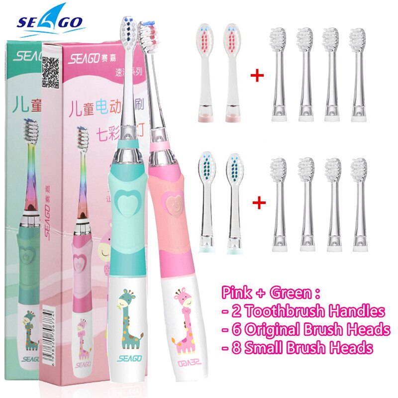 SEAGO Kinder Sonic Elektrische Zahnbürste Betriebene Wasserdichte LED Licht für 3-12 Alter Kinder Smart-Timer 3 Weichen Borsten pinsel Köpfe: 2 Sets and 8Small