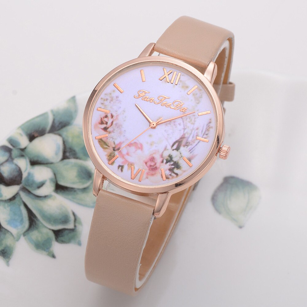 Dames Horloges Vrouwen Gedrukt Bloem Polshorloge Luxe Casual Quartz Lederen Polshorloge Mode Vrouwelijke Jurk Klok