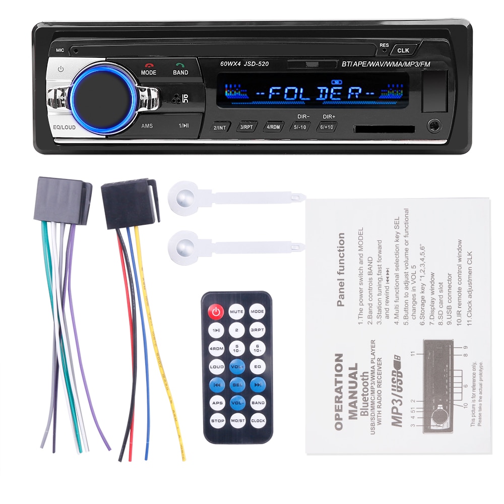 Autoradio JSD 520 estéreo para coche 1 Din coche Radio 12V Bluetooth V2.0 Fm Entrada Aux receptor de Audio de coche Usb SD Mp3 Mmc Wma manos libres