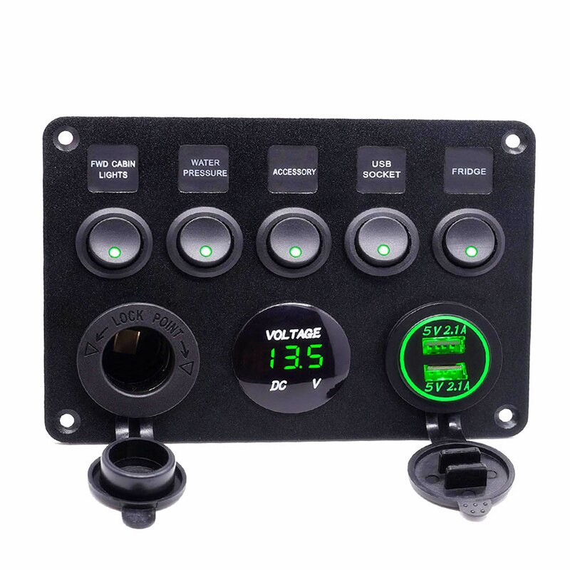 Digital voltmeter dubbel usb port vattentät bil marina led rocker switch panel 12v utloppskombination överbelastningskretsskydd: 5 gäng switch grön