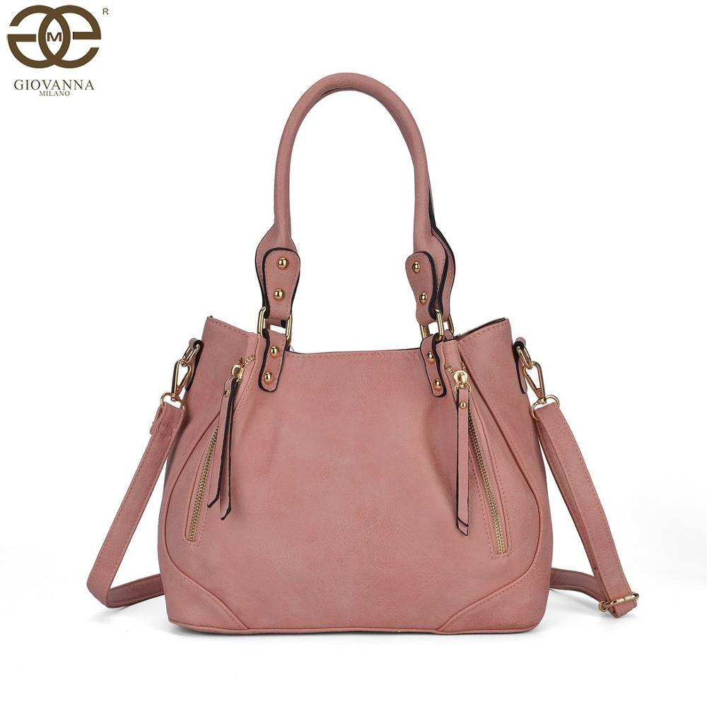 Giovanna Milano Bolso mujer de hombro grande con doblado bolsos de mano para chicas tote casual con correa ajustable y cremalleras de adorno PU en color liso cierre con cremallera tamaño oficina T10969: Rosa