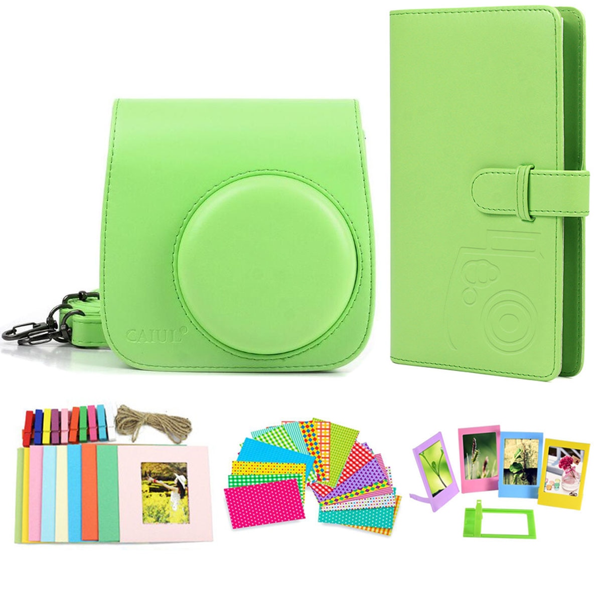 Fujifilm Instax Mini 8 9 ensemble d'accessoires pour appareil Photo avec étui 96 Photos Album 10 cadre Photo suspendu 5 cadres de Table autocollants 20pc: Lime Green Bundle