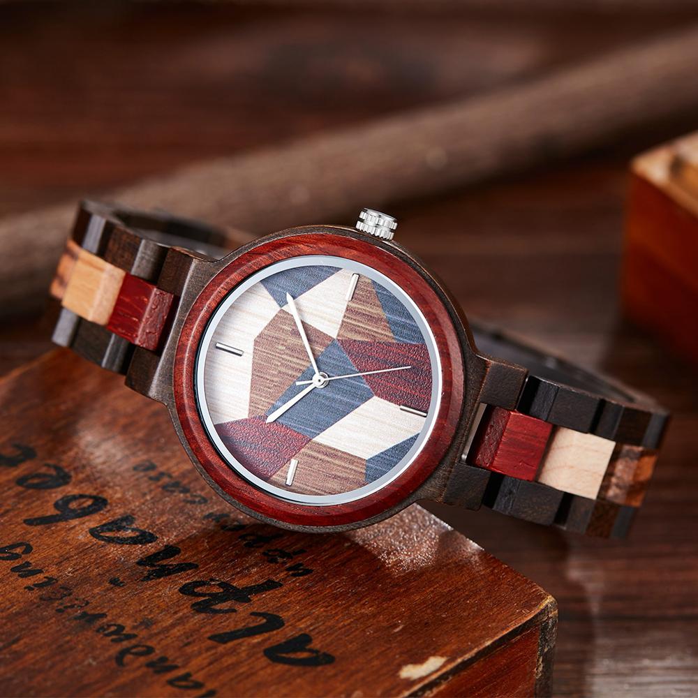 Kleurrijke Houten Horloge Vrouwen Quartz Rode Houten Band Multicolor Wijzerplaat Horloge Reloj De Mujer Met Doos