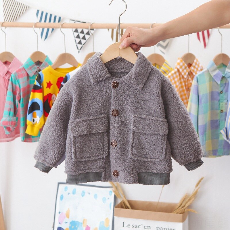 Chaquetas de manga larga con cuello de solapa para bebés, prendas de vestir de lana gruesa con estampado de letras, abrigos informales, invierno,: Gris / 24 meses